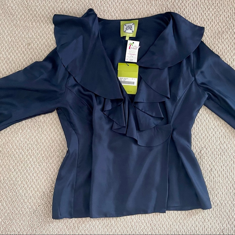 Elizabeth McKay Navy Ruffle Top 100% Silk Long Sleeve V Neck Sz 14 NEW w Tags